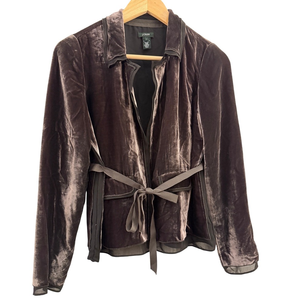 J.Crew Womens Silk Blend Velvet Blazer Jacket Brown Tie Waist Sheer Trim Size 2